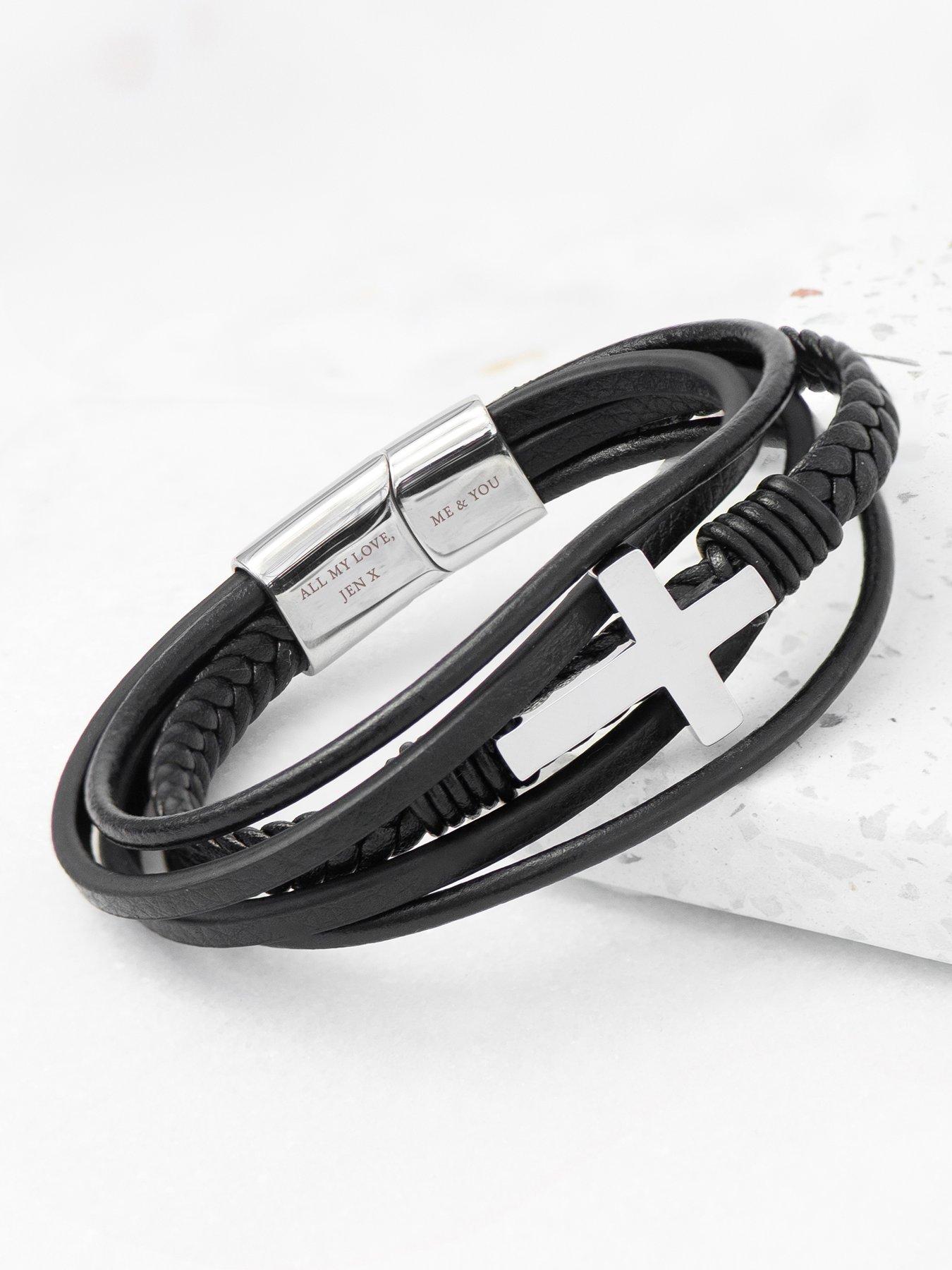 Image 5 of 5 of Treat Republic Personalised Mens Cross Leather Stacked Bracelet