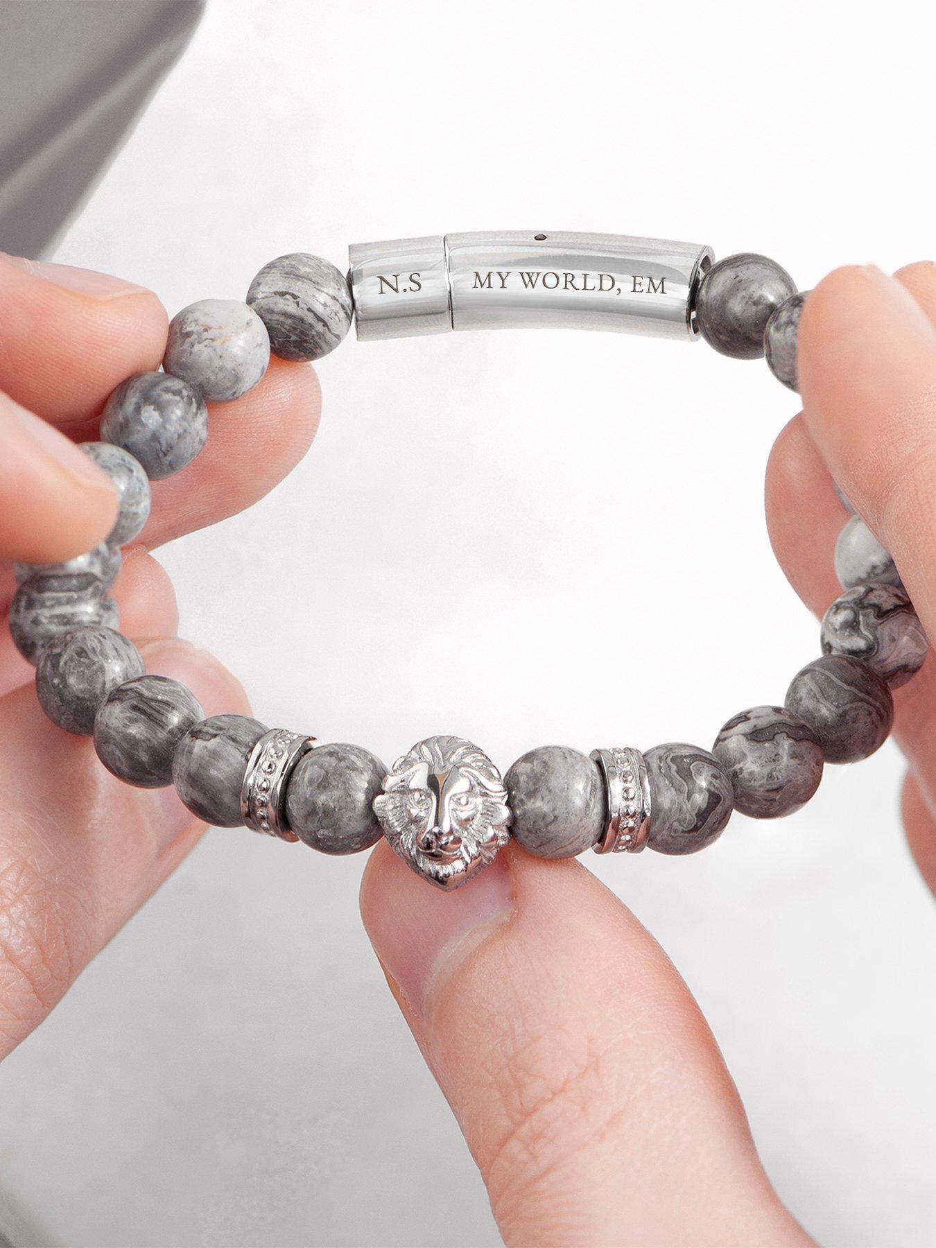 Image 3 of 7 of Treat Republic Personalised Men's Silver Lion Jasper Stone Bracelet