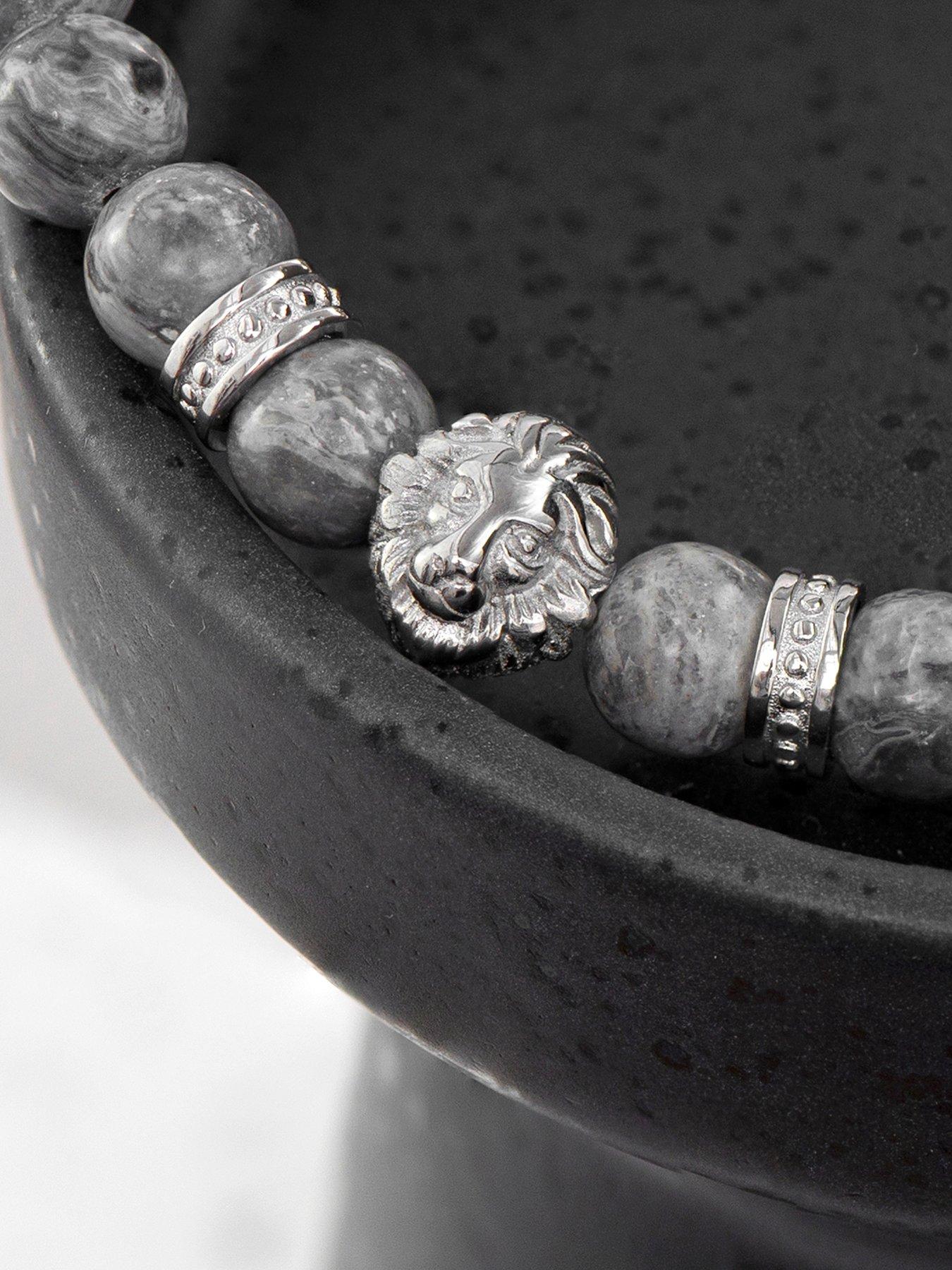 Image 6 of 7 of Treat Republic Personalised Men's Silver Lion Jasper Stone Bracelet