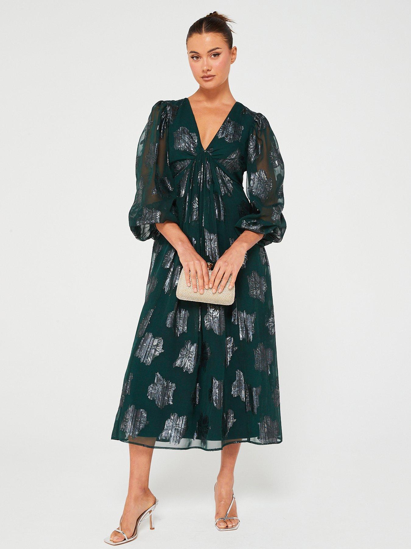 V Neck Jacquard Midi Dress Green