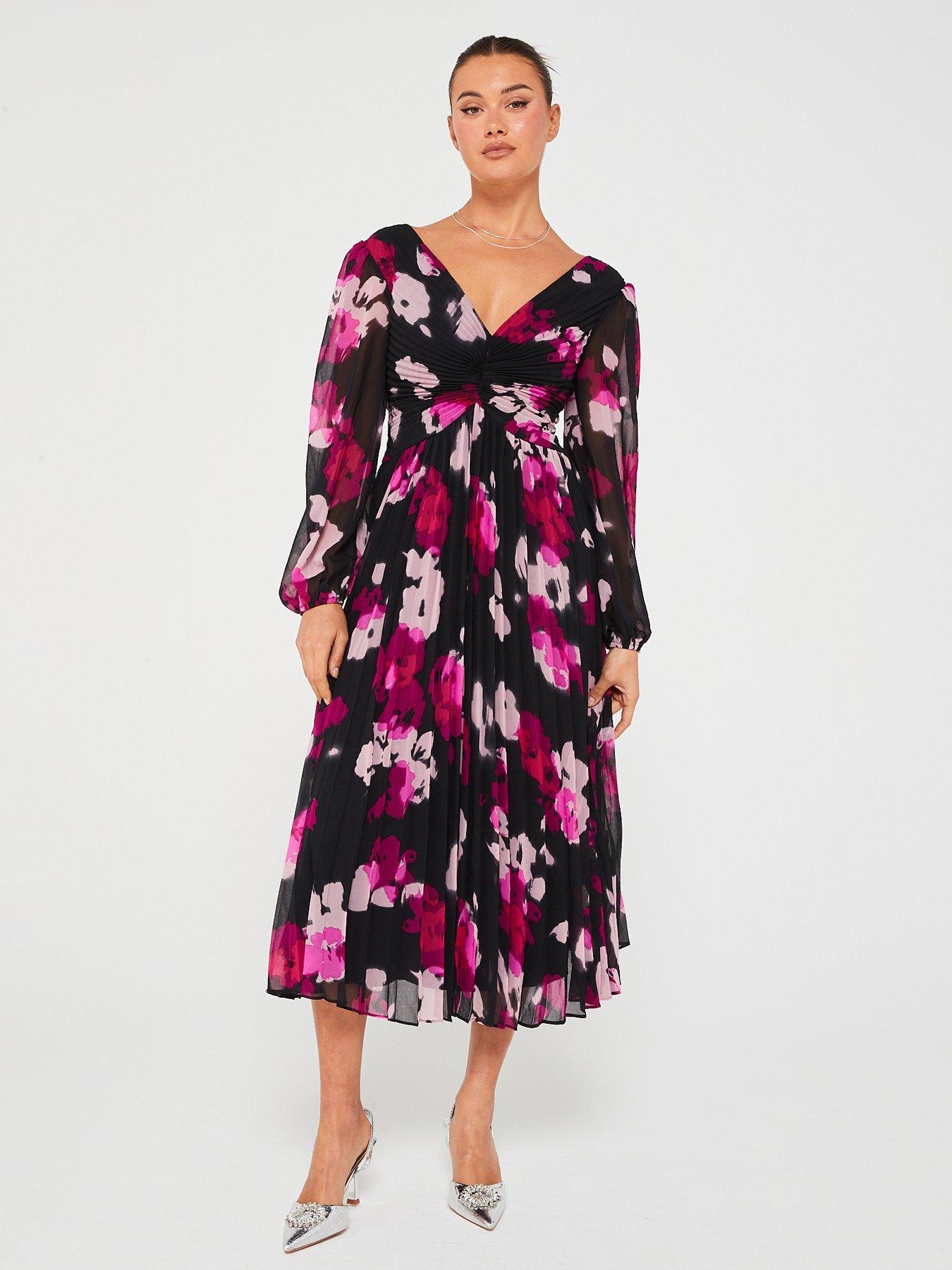 V by Very Long Sleeve Pleated Smudged Floral Midi Dress | Very.co.uk