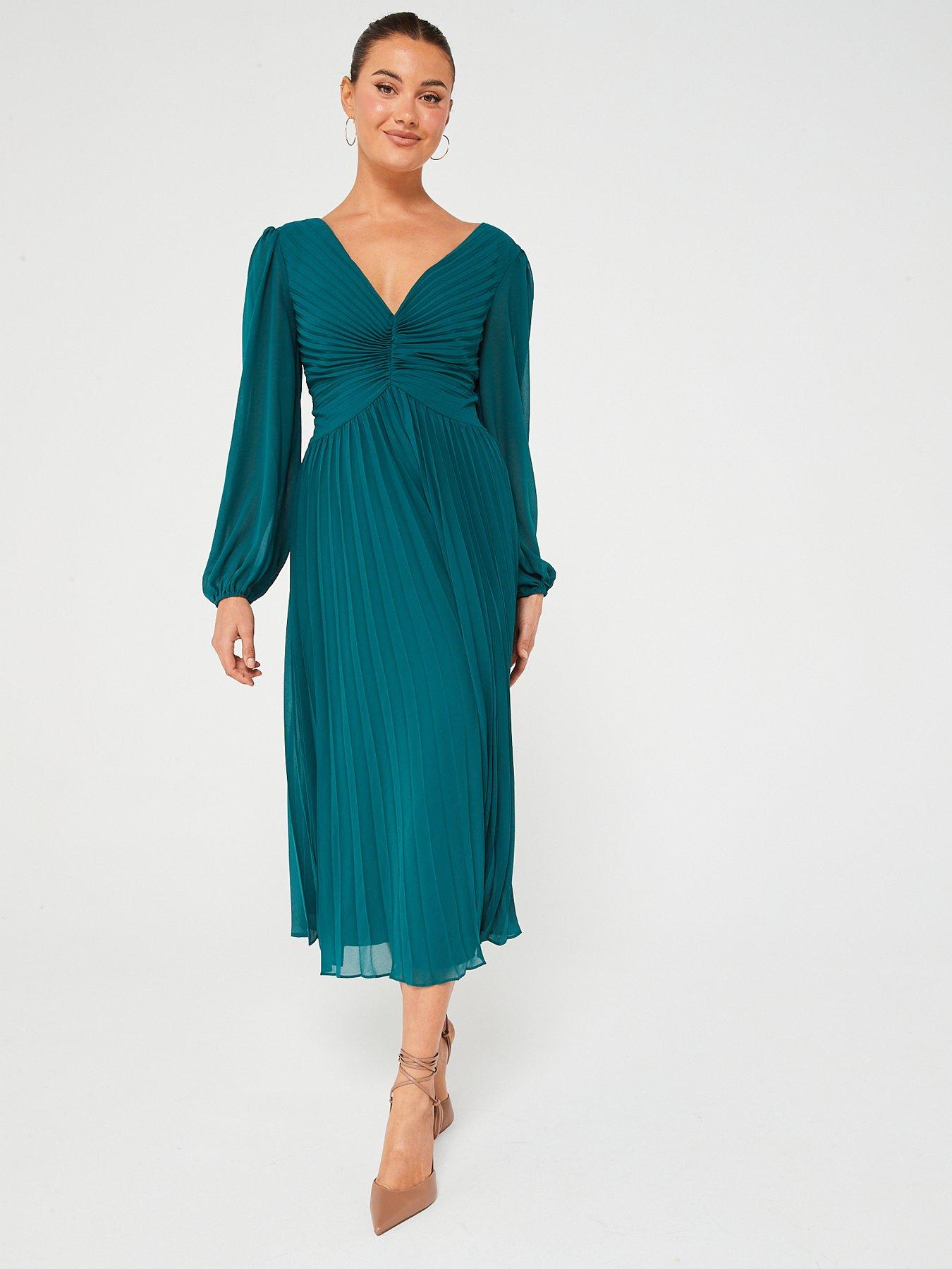 Emerald green long sleeve pleated 2024 midi dress