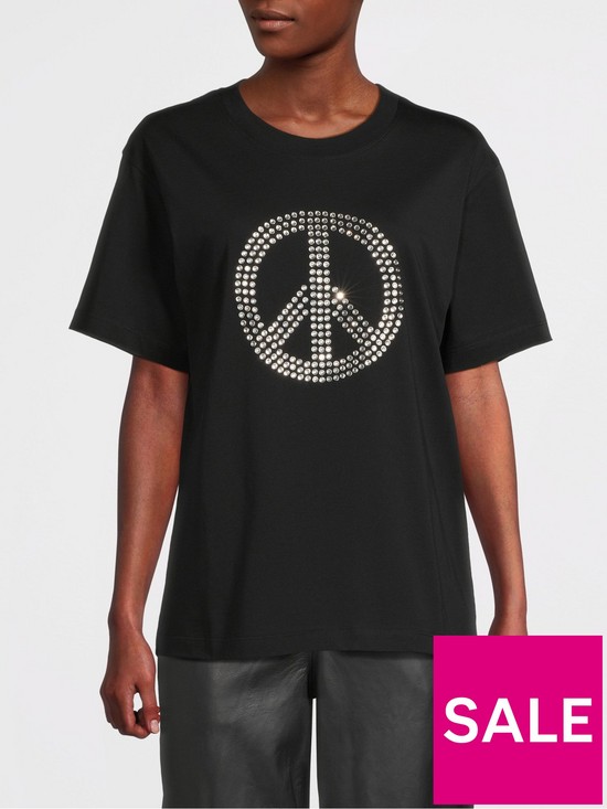 front image of m05ch1n0-jeans-crystal-peace-sign-t-shirt-black