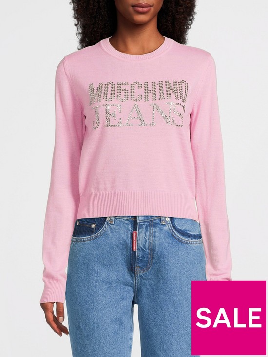 front image of m05ch1n0-jeans-crystal-logo-jumper-pink