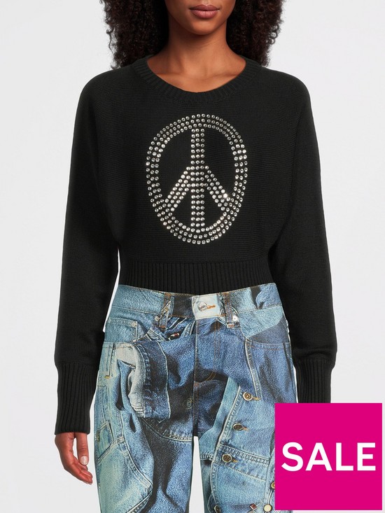 front image of m05ch1n0-jeans-crystal-peace-sign-jumper-black