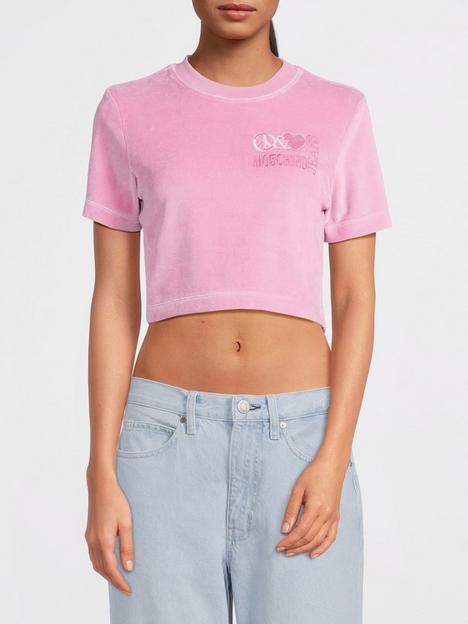 m05ch1n0-jeans-cropped-velour-t-shirt-fantasy-print-pink