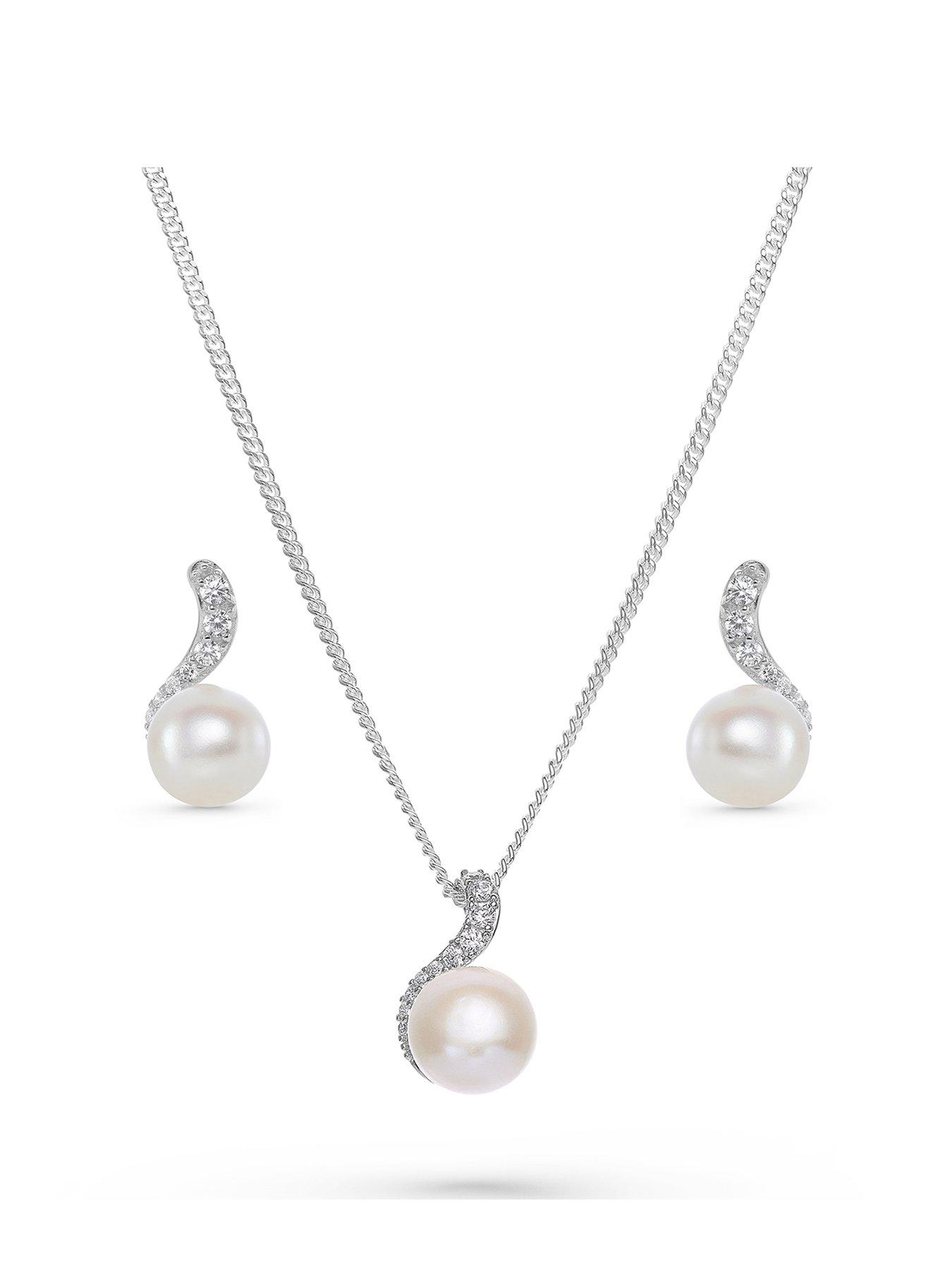 undefined Silver Cubic Zirconia Freshwater Cultured Pearl Pendant and Earrings Set