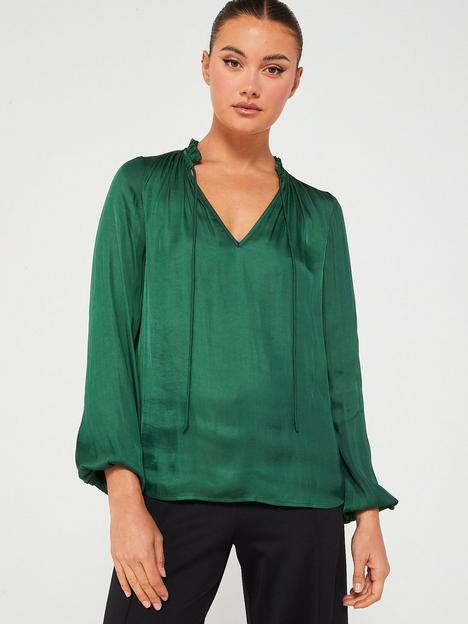 v-by-very-long-sleeve-tie-neck-pleated-blouse-green