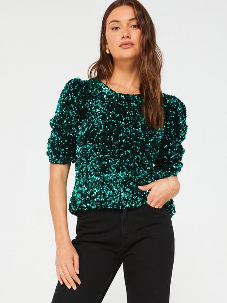 v-by-very-sequin-puff-sleeve-shell-blouse-blue