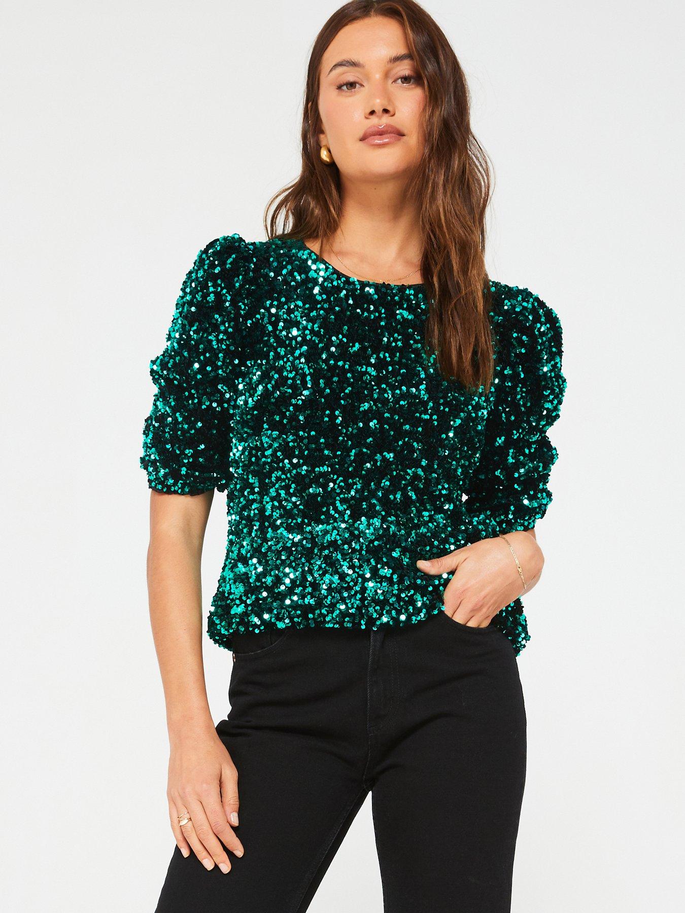 V by Very Sequin Puff Sleeve Shell Blouse - Blue