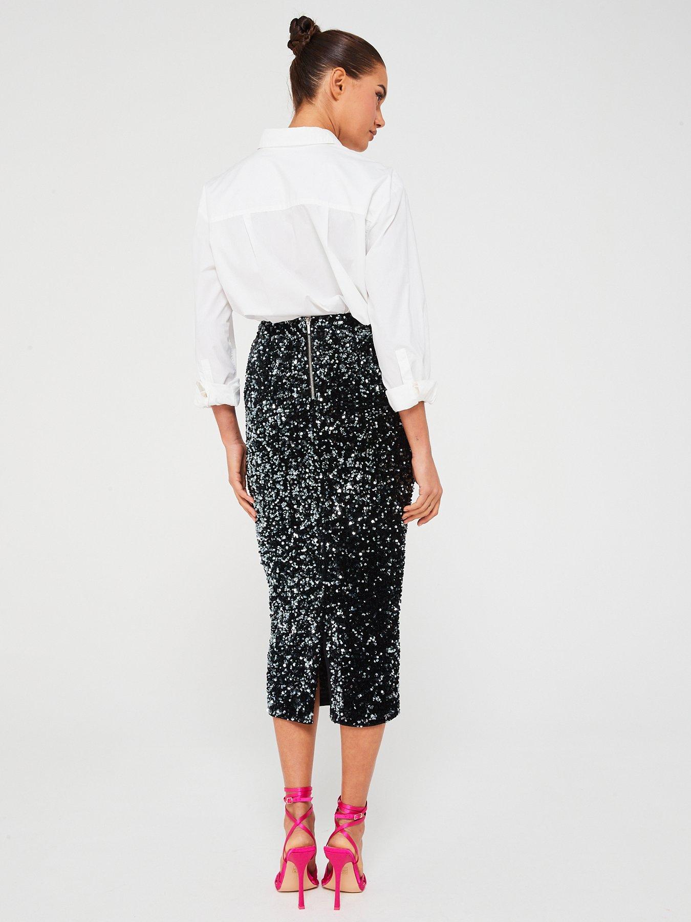 V by Very Sequin Velvet Midi Skirt Black very