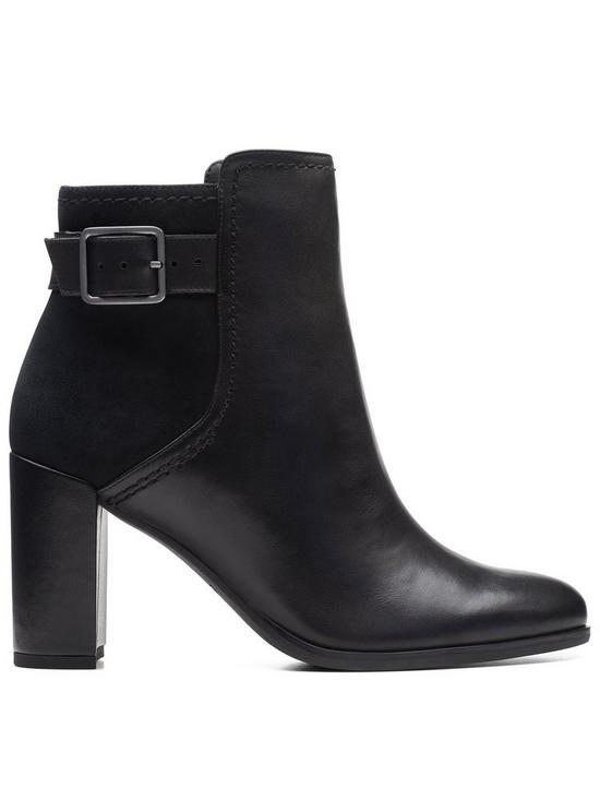 front image of clarks-freva85-buckle-boots-black-leather