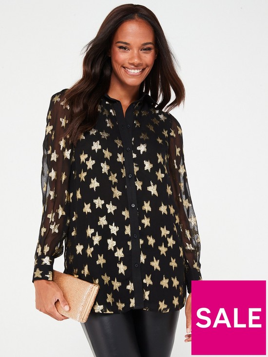 front image of v-by-very-star-print-sheer-shirt-black