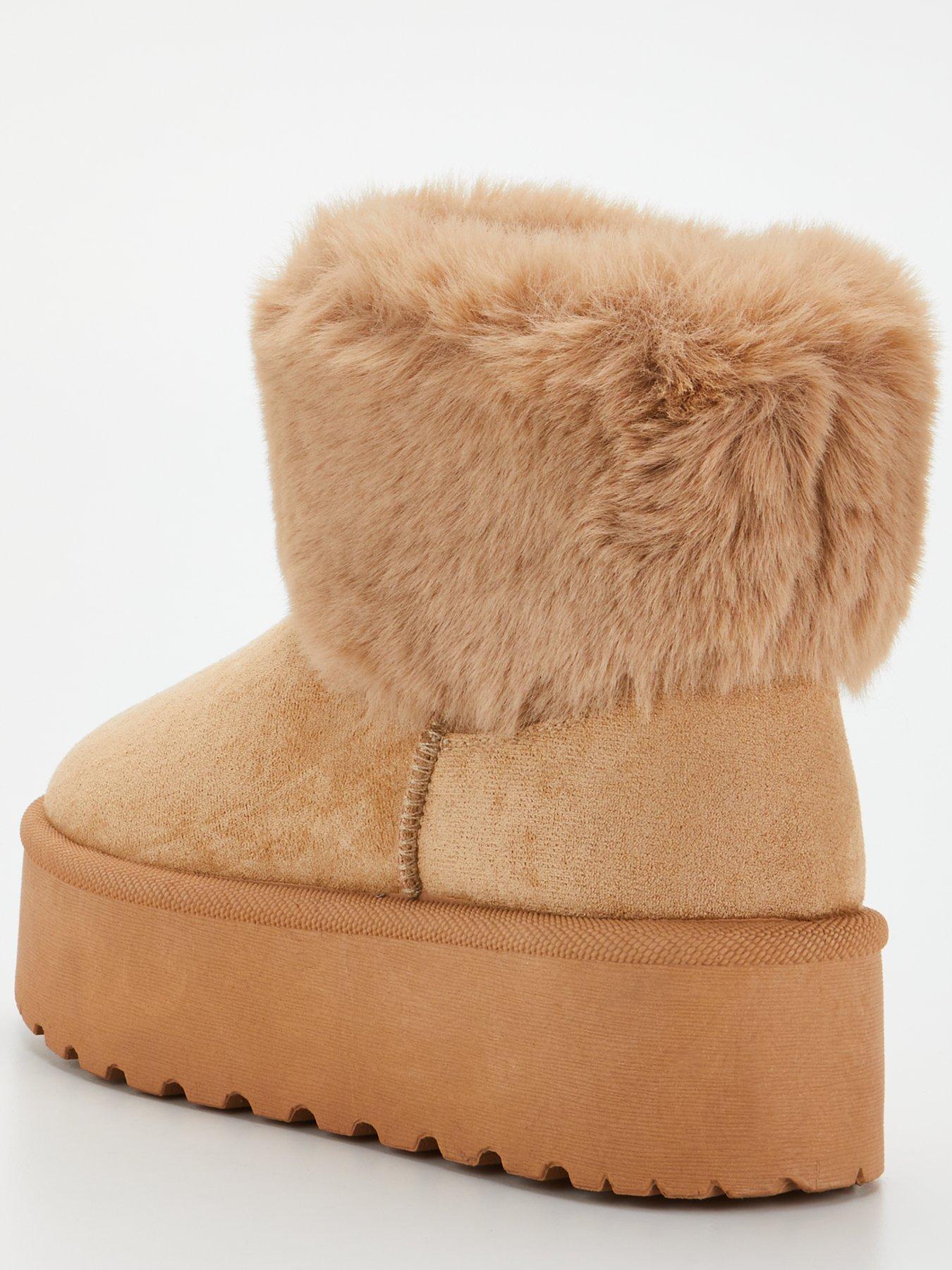 Everyday Flatform Faux Suede Ankle Boot With Faux Fur Collar