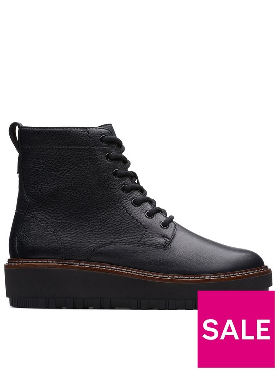 front image of clarks-oriannaw-lace-boots-black-leather