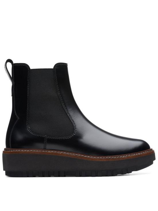front image of clarks-oriannaw-up-boots-black-leather