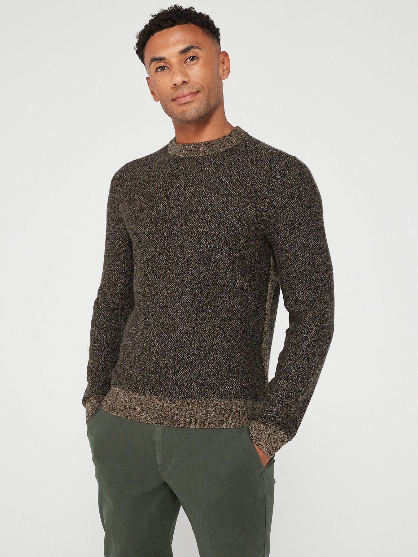 BOSS Marameo Herringbone Crew Neck Jumper - Beige | Very.co.uk