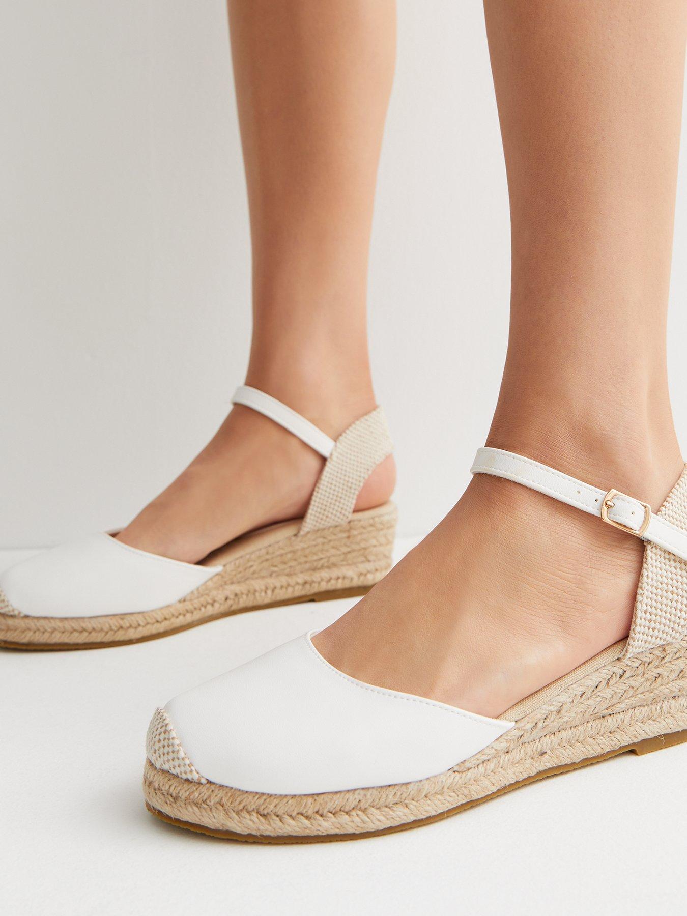 White Closed Toe Espadrille Wedge Heel Sandals