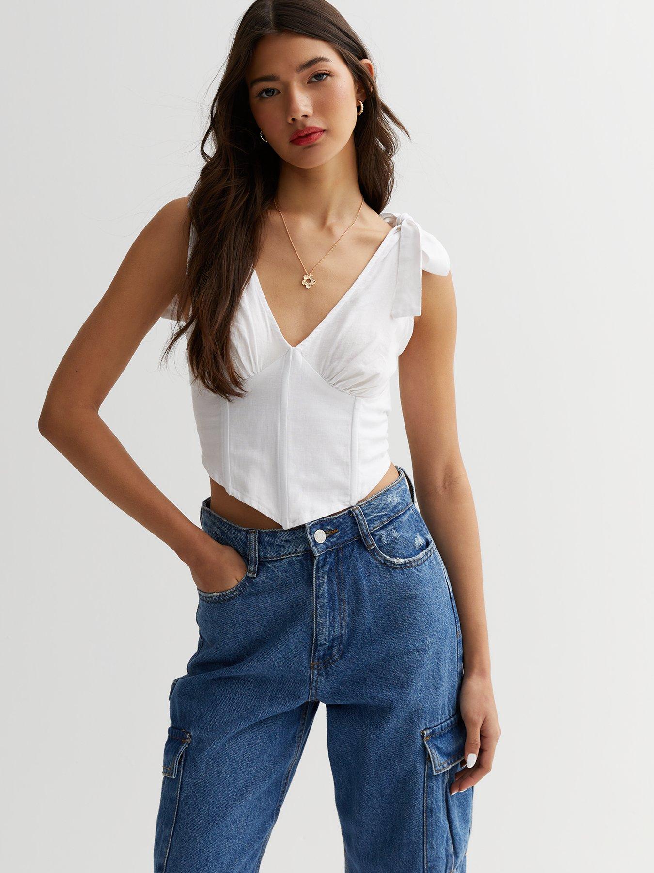 New Look Tie Strap Corset Top - Off White