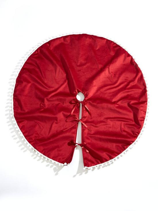 stillFront image of very-home-red-velvet-christmas-tree-skirt-with-pom-poms-100-cm
