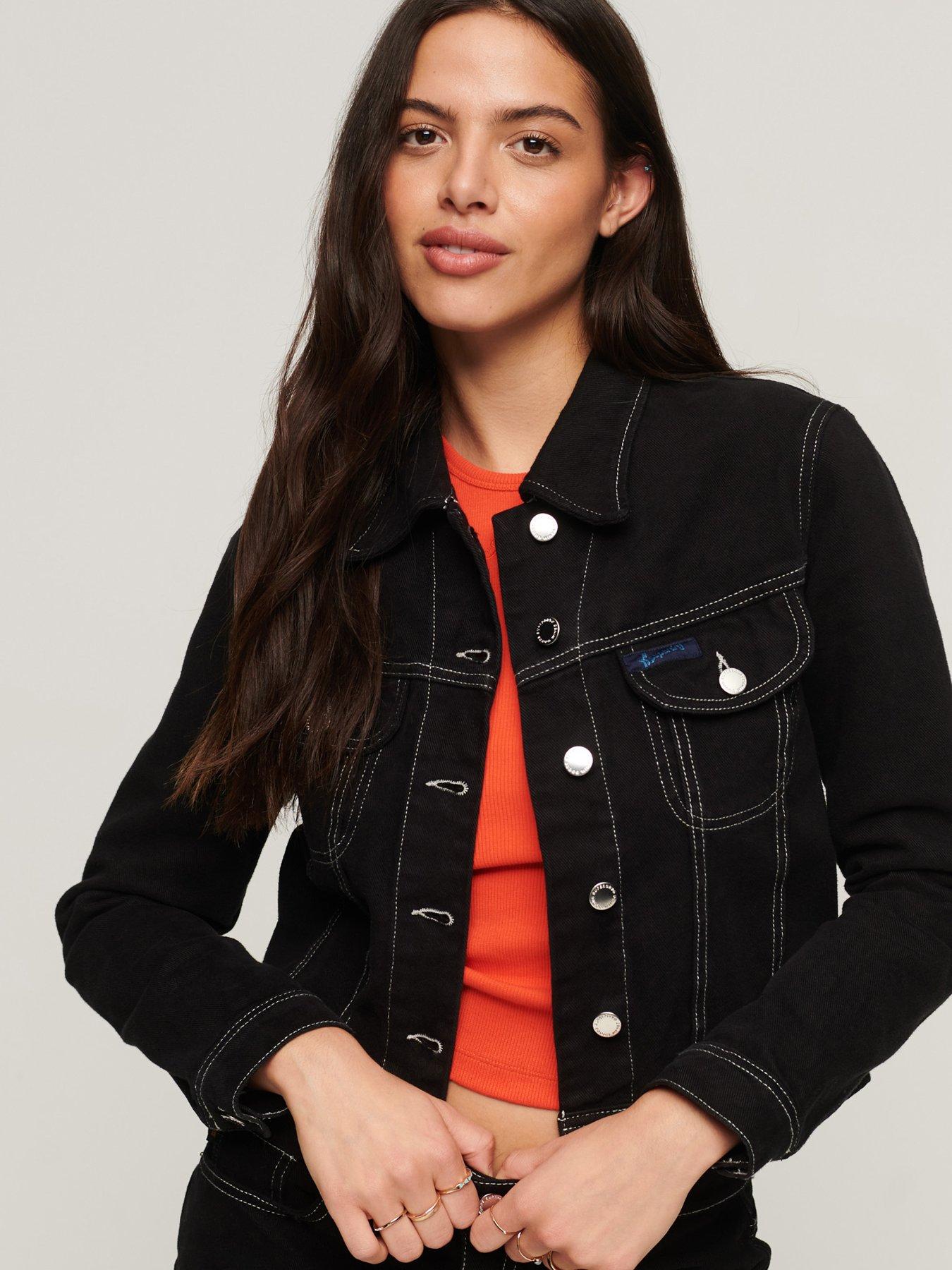 Womens cropped best sale black denim jacket