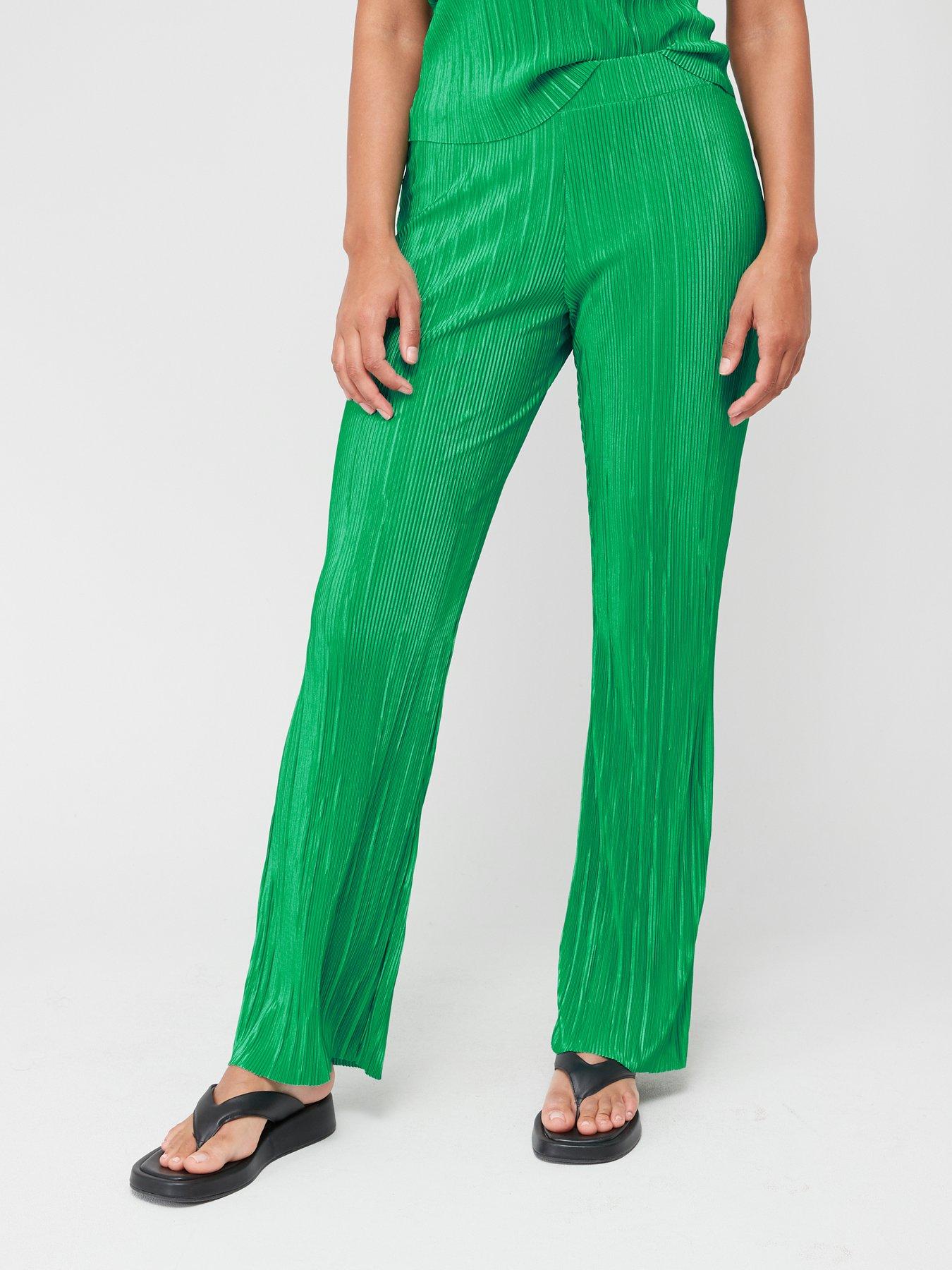 V by Very Plisse Wide Leg Trousers - Green | Very.co.uk