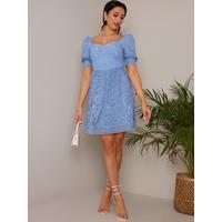 Sweetheart Puff Sleeve Embroidered Mini Dress In Blue