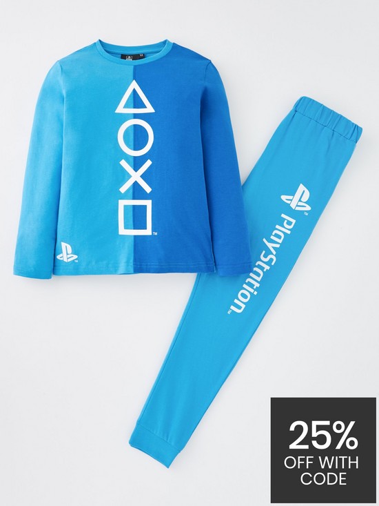 front image of playstation-spliced-long-sleeve-pyjamas-blue