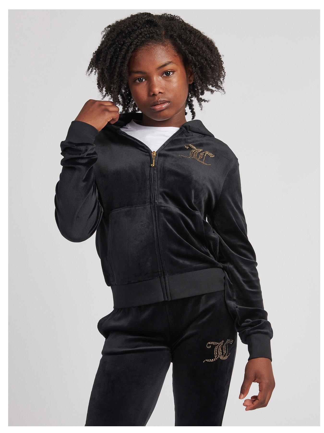 Juicy Couture Girls Diamante Velour Zip Through Hoodie - Jet Black/ Gold  Diamante