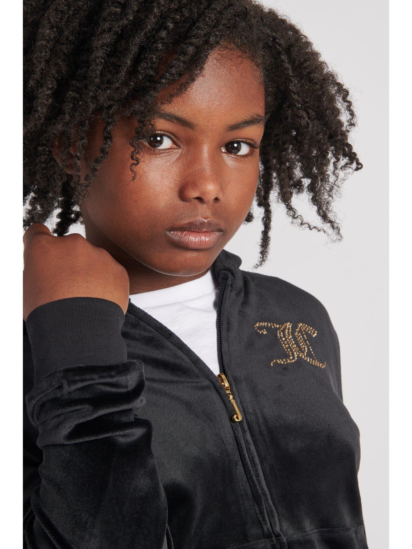 Juicy Couture Girls Diamante Velour Zip Through Hoodie - Jet Black ...