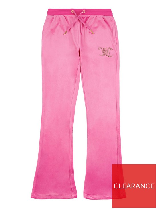 front image of juicy-couture-girls-diamante-velour-bootcut-joggers-fuchsia-purple