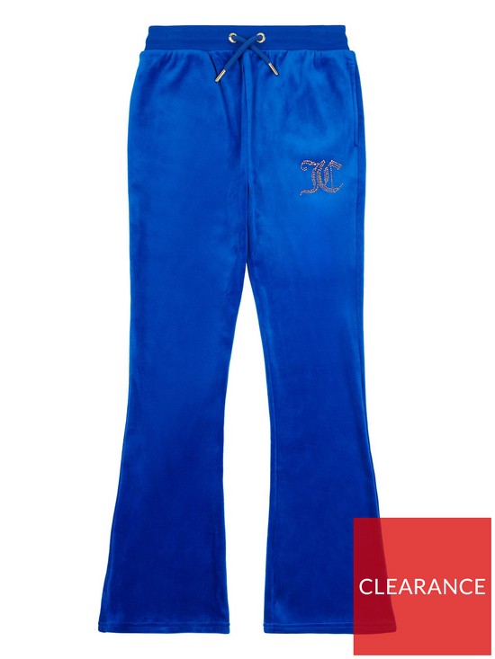 front image of juicy-couture-girls-diamante-velour-bootcut-joggers-surf-the-web-blue