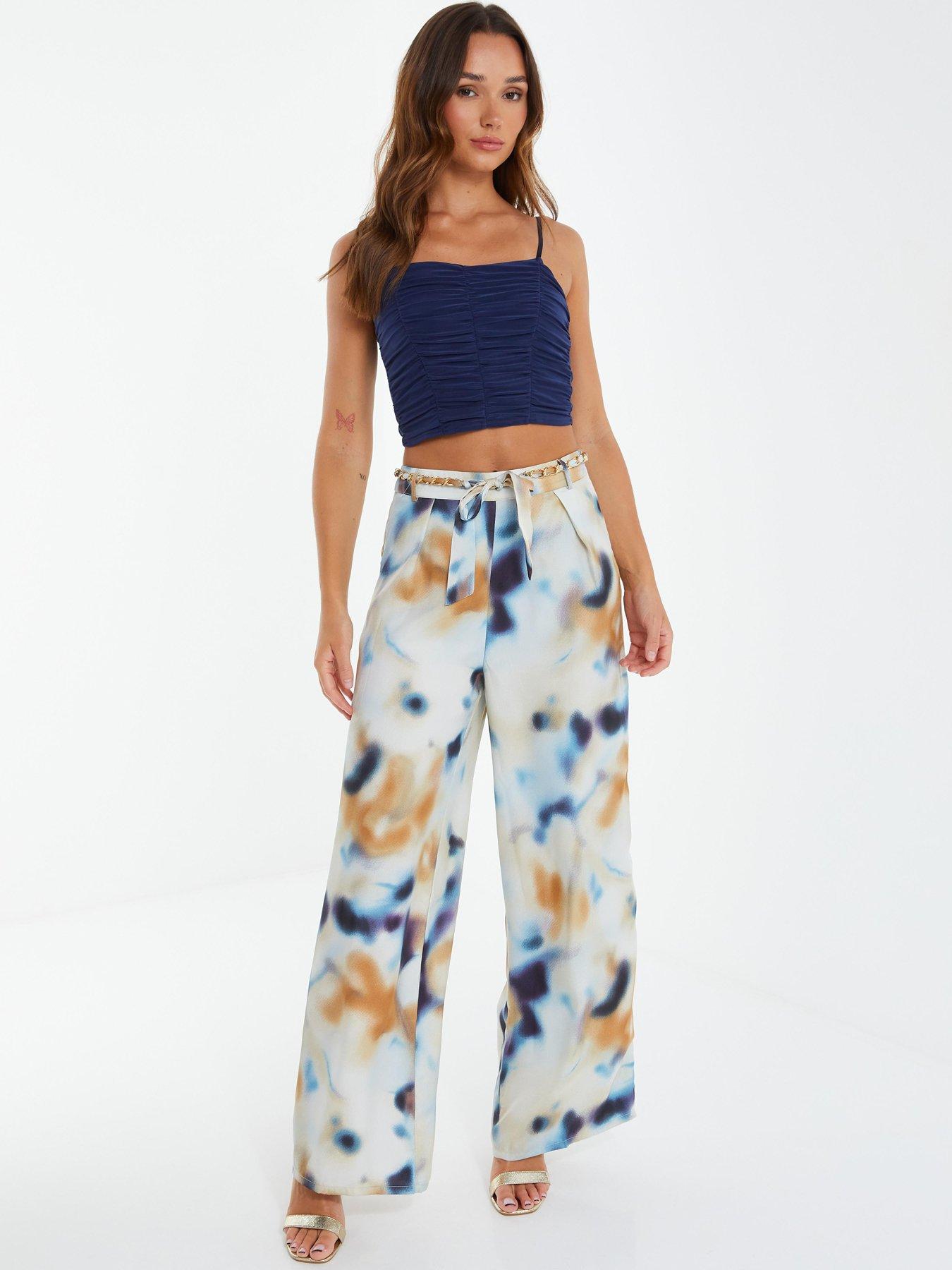 Quiz Mottled Satin High Waist Trouser with Woven Chain Belt - Blue