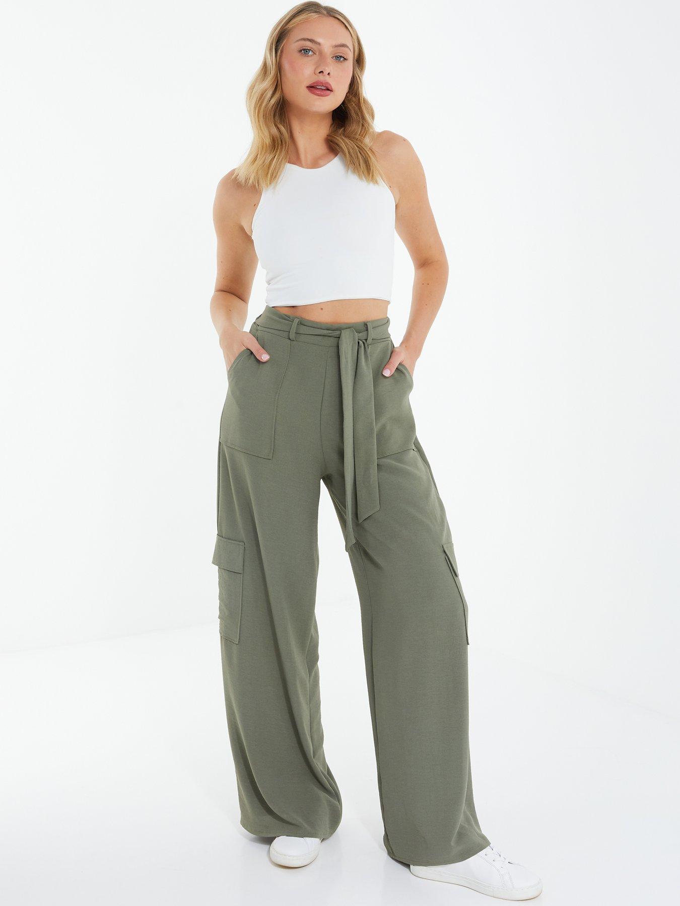High Waist Palazzo Cargo Trousers With Tie Waist Belt Green