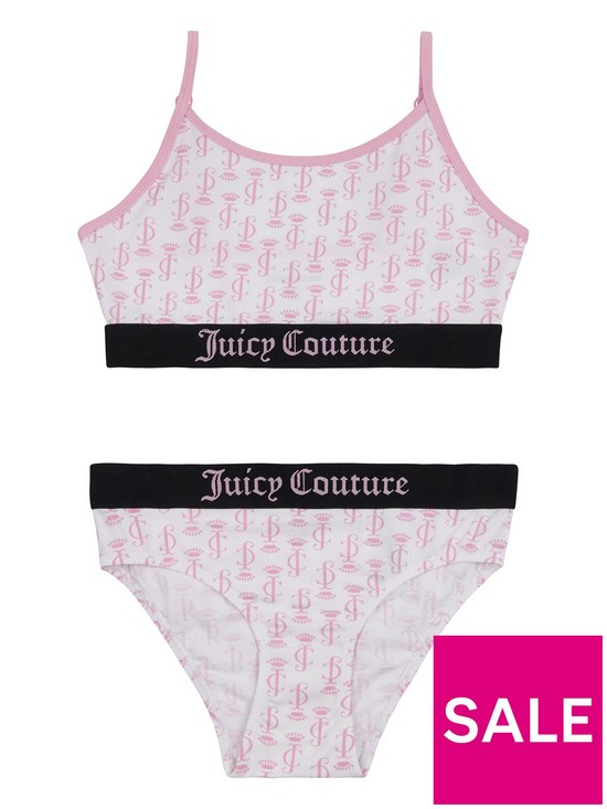 front image of juicy-couture-girls-all-over-print-bralette-and-brief-underwear-set