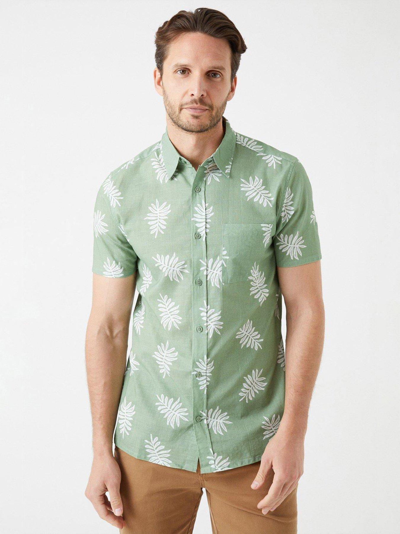 burton-menswear-london-leaf-print-cotton-slub-shirt-greennbsp