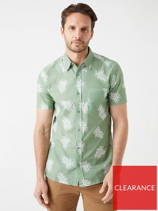 front image of burton-menswear-london-leaf-print-cotton-slub-shirt-greennbsp