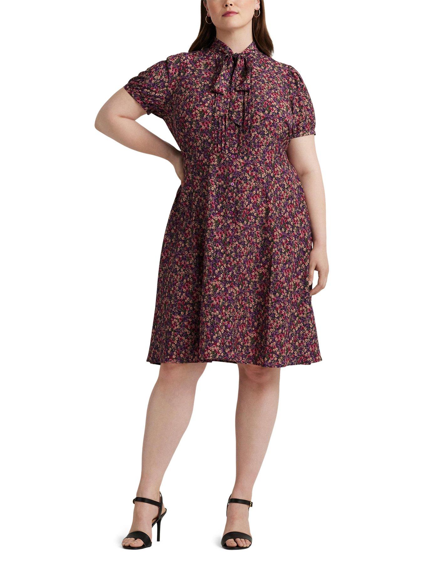 lauren by ralph lauren curve zachari-short sleeve-day dress - navy/burgundy multi