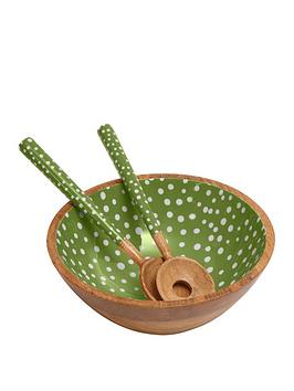 Product photograph of Sintra Mango Wood Spotted Salad Bowl And Serving Spoons Set In Green from very.co.uk
