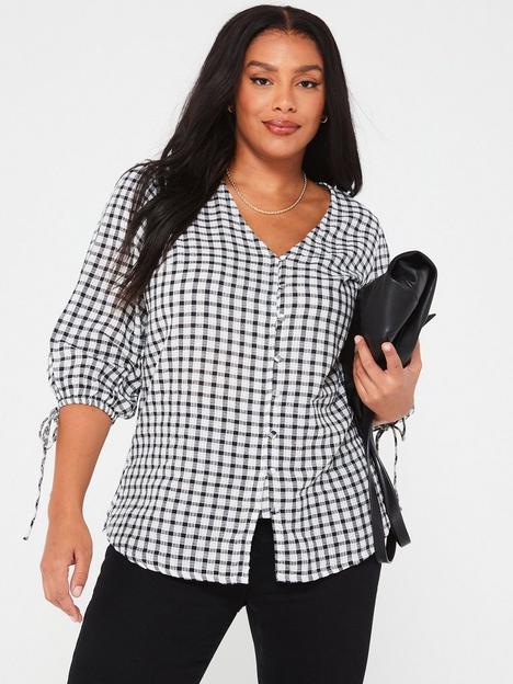 v-by-very-curve-gingham-button-through-34-sleeve-woven-top