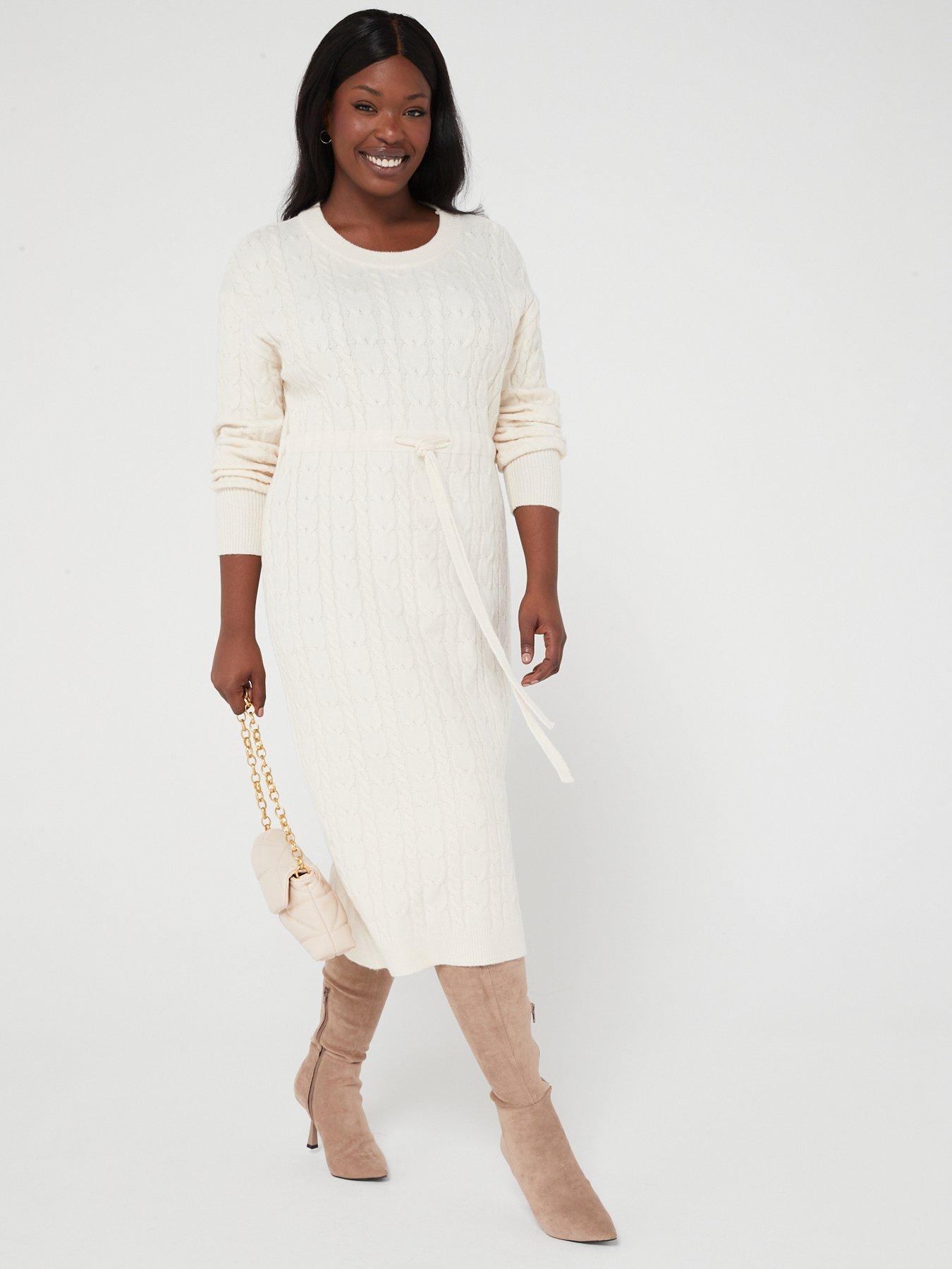 V by Very Curve Crew Neck Cable Knit Midi Dress Off White very