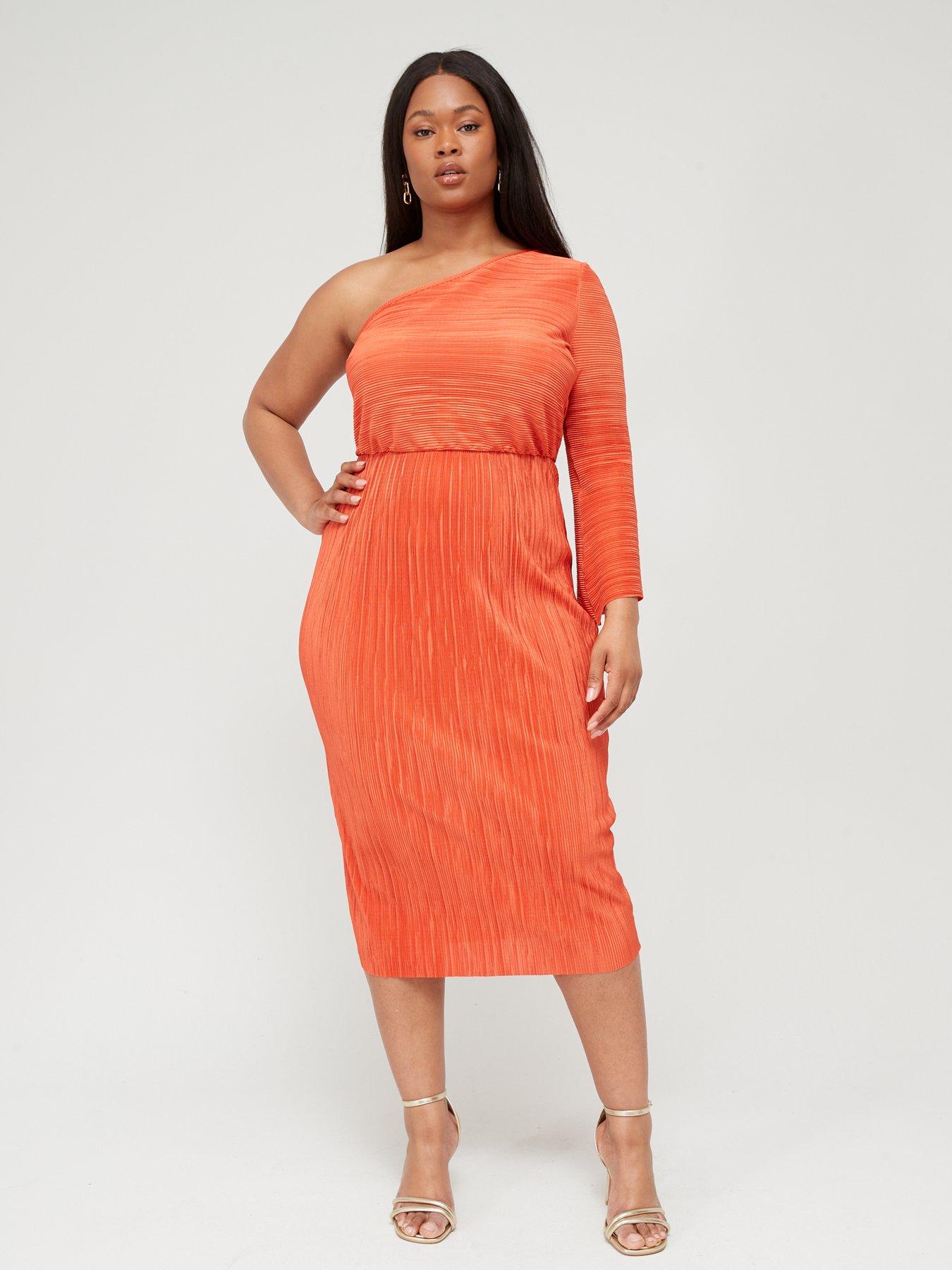 V by Very Curve Plisse Asymmetric One Sleeve Midi Dress - Orange ...