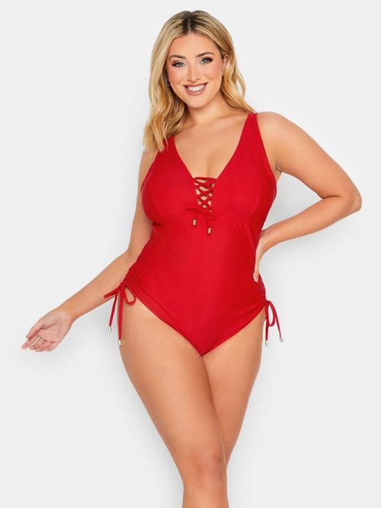 front image of yours-drawstring-detail-swimsuit-red