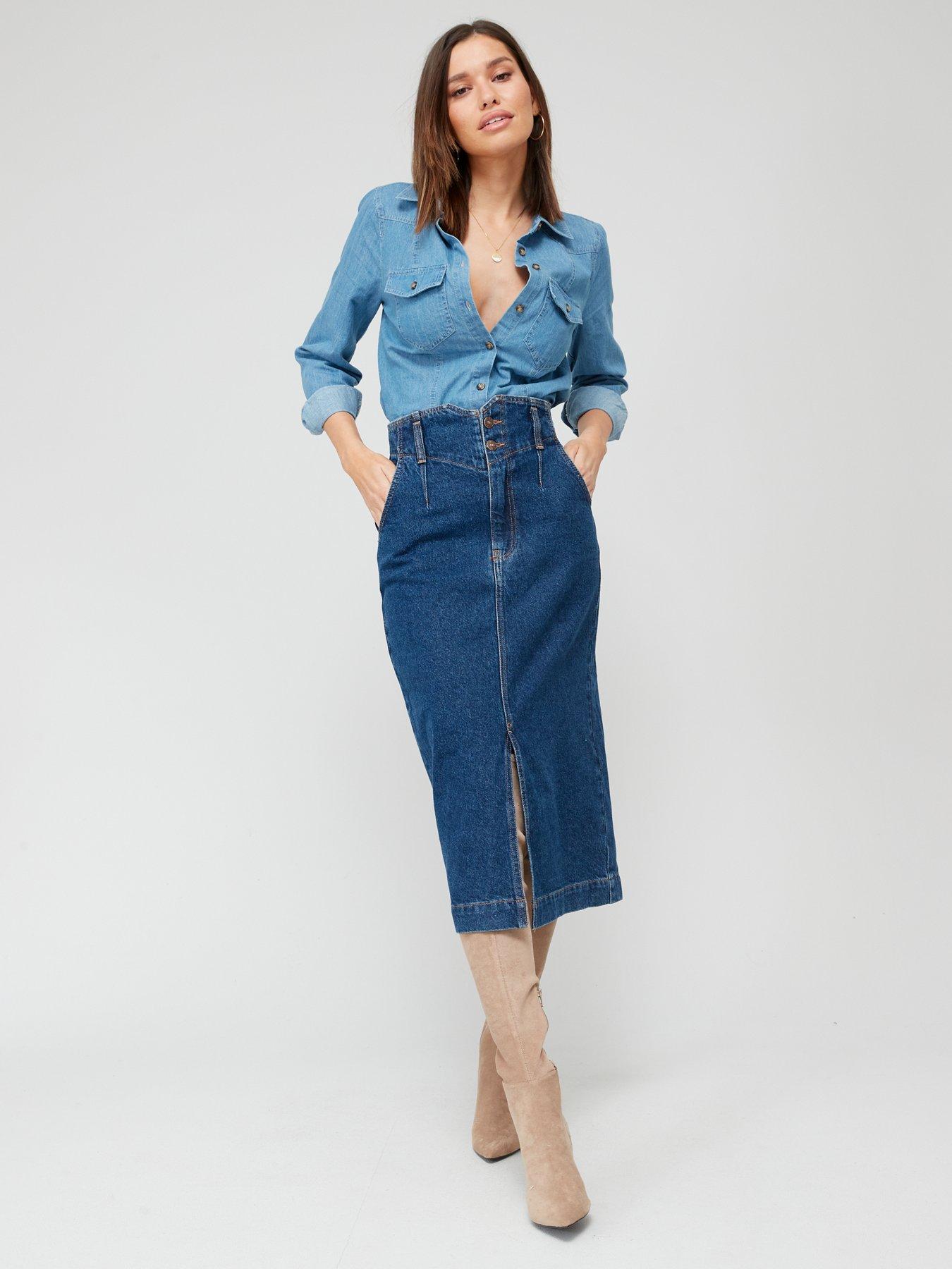 High waisted denim pencil hotsell skirt uk