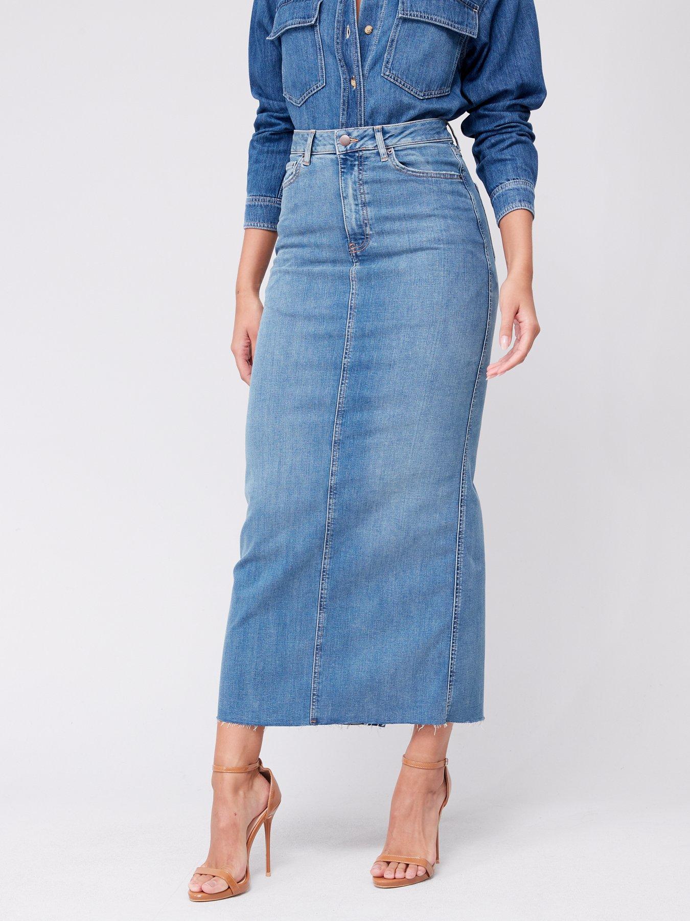 V by Very Denim Maxi Skirt With Stretch Mid Wash Very