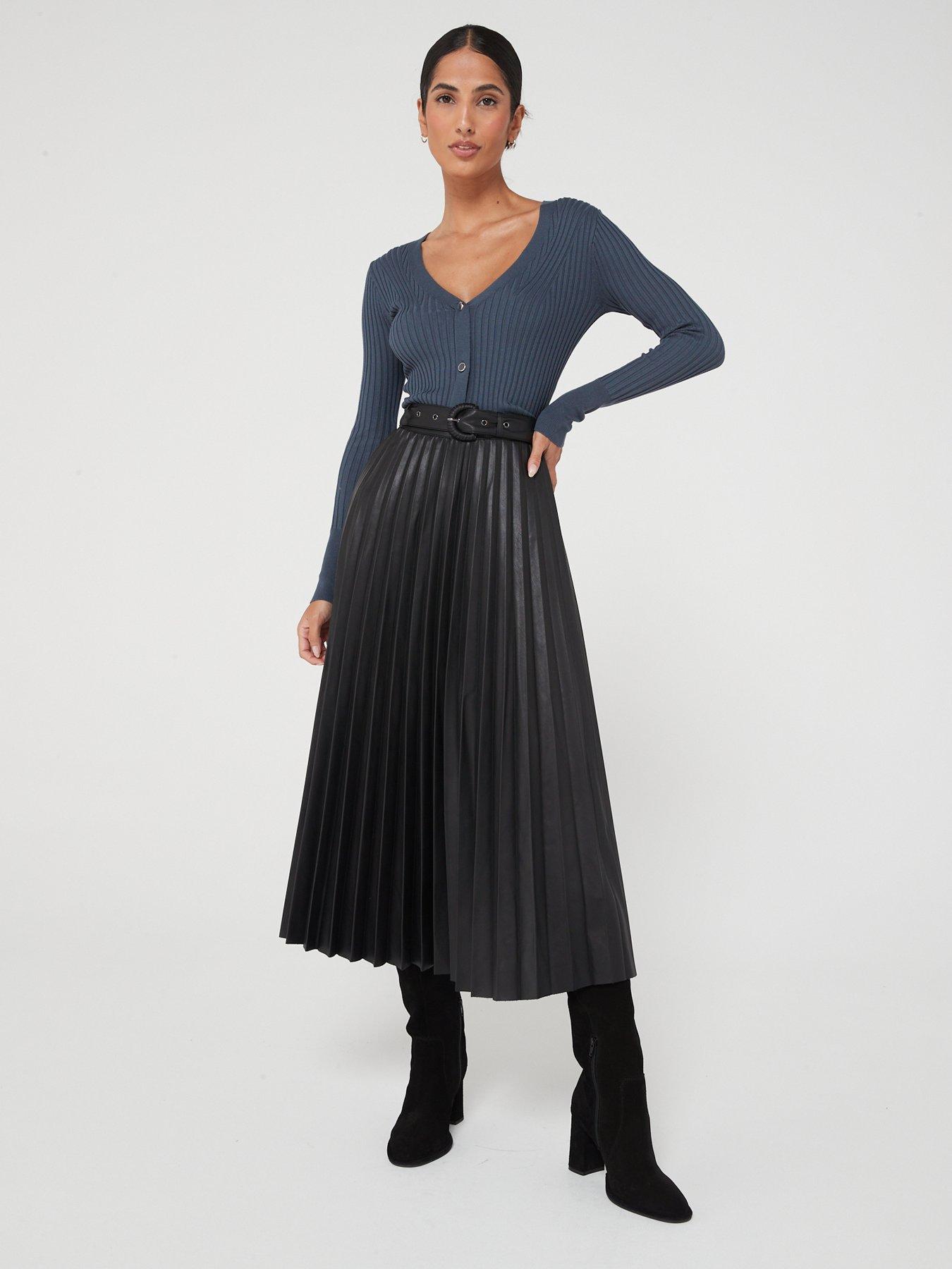 V by Very PU Belted Pleated Midi Skirt - Black