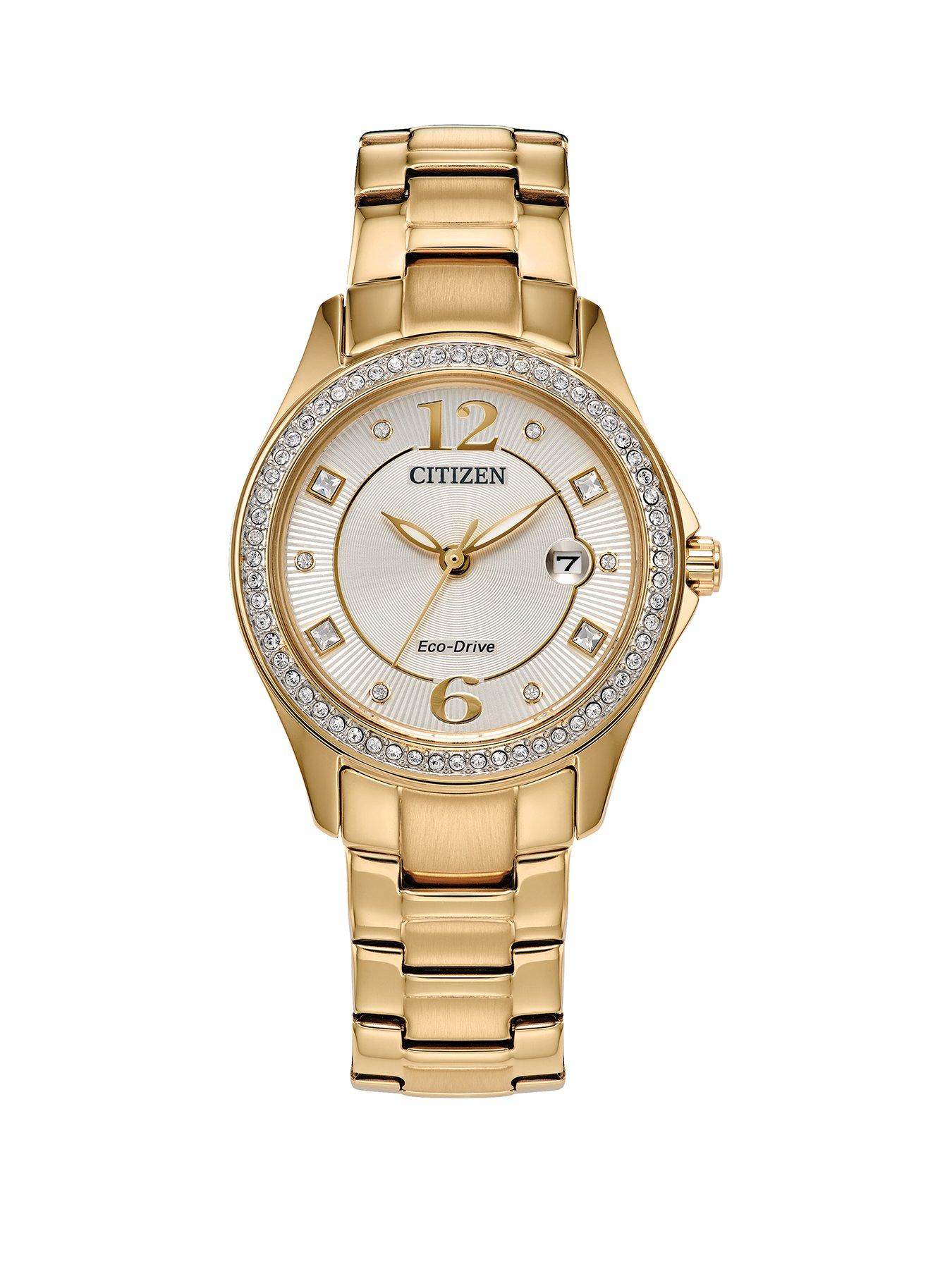 Product photograph of Citizen Ladies Eco-drive Crystal Case Gold Bracelet from very.co.uk
