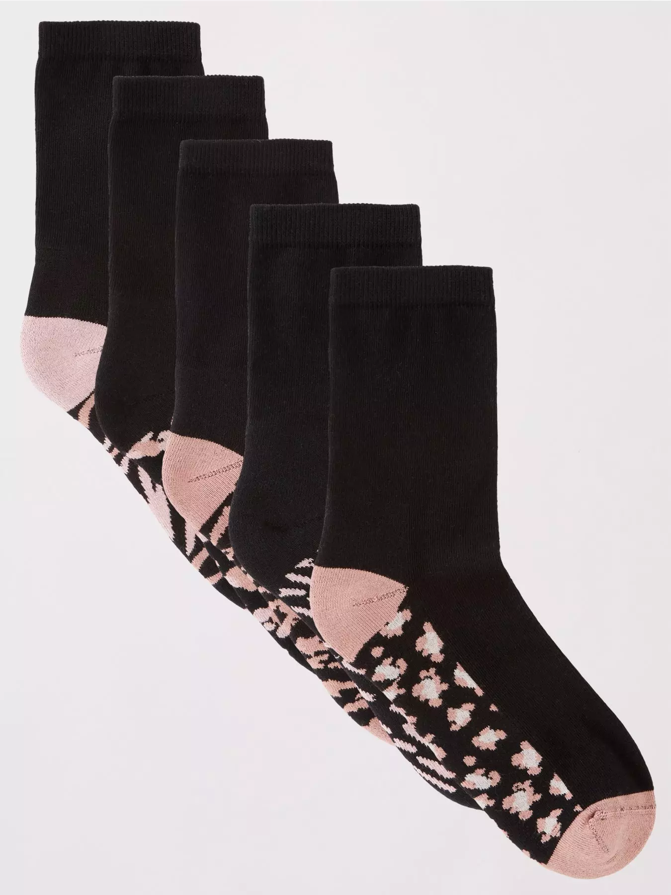 Ladies 5 Pack Black Cotton Socks with Patterned Sole Hearts Bows