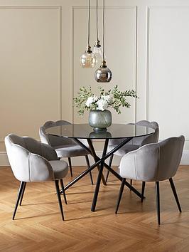 Product photograph of Very Home Angel Glass Top 120 Cm Dining Table With 4 Angel Velvet Chairs - Black Grey from very.co.uk