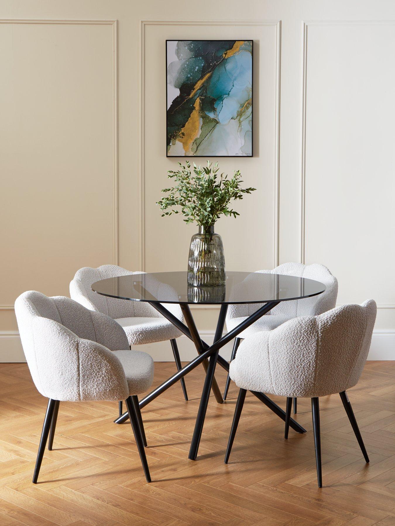 undefined Angel Glass Top 120 cm Dining Table with 4 Angel Boucle Chairs - Black/Cream